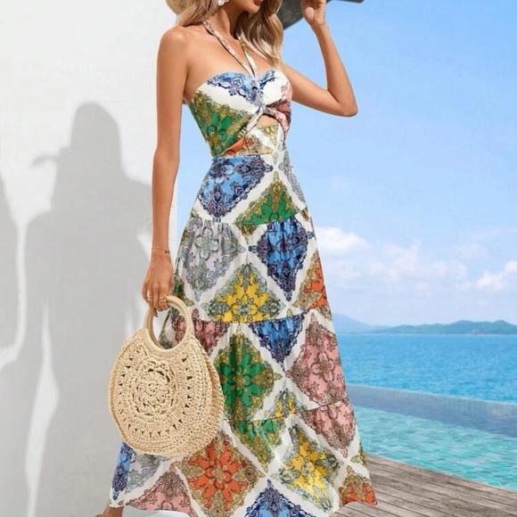 Scarf Print Tie Backless Halter Dress - Picture 4 of 6